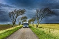 Motorhome on a narrow country road