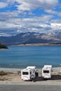 Motorhome parking by lakeside at Lake Tekapo, South Island of New Zealand