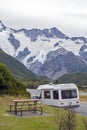 Motorhome parking on the road in Mount Cook Village located within New Zealand's Aoraki / Mount Cook National Park