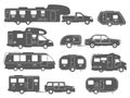 Motorhome silhouettes. Rv cars, camper vans, caravan recreational vehicles, auto trailer for camping, campervan icons Royalty Free Stock Photo