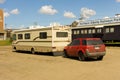 A motorhome at the start of the alaska highway