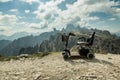 Motorised wheelchair for disposable people, Mobile electric buggies on the mountain, Dolomites, Italy. Royalty Free Stock Photo