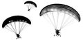 Motorized monochrome paragliders in grayscale and silhouettes isolated on white background.