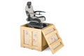 Motorized Power Chair inside wooden box, delivery concept. 3D rendering