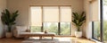 Motorized roller blinds in modern interior. Automatic solar shades, electric sunscreen curtains in smart home. Window with Royalty Free Stock Photo