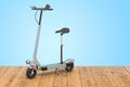 Motorized scooter, electric rechargeable scooter on the wooden planks, 3D rendering