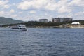 Motorship Salamander sails on the Gelendzhik Bay on the background of Tolstoy Cape