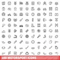 100 motorsport icons set, outline style