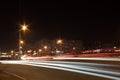 The motorway at night. The car moves at fast speed at the night. Blured road with lights with car on high speed. Royalty Free Stock Photo