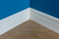 Moulding in the corner. Blue Matte Wall with laminate immitating oak texture