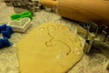 Moulds, hearts, flour and dough for Christmas biscuits Royalty Free Stock Photo