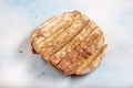 Mouldy moldy bread. Mould growing old bread on wooden table. Wastage of bread and stale bread