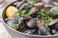 Moule mariniere served in a pot Royalty Free Stock Photo