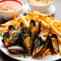 Moules-Frites: Mussels with French Fries Royalty Free Stock Photo