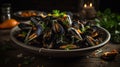 Moules Frites A Perfectly Cooked Belgian Classic - food photography. Generative AI