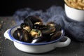 Moules-frites, typical Belgian mussels and fries Royalty Free Stock Photo