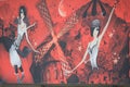 Photo of poster promoting the cabaret of Moulin Rouge seen in Paris, France - red, windmill, dancers, night, Royalty Free Stock Photo