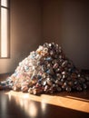 A mound of crushed aluminum cans reflecting the warm afternoon light.. AI generation