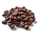 Mound of freshly roasted coffee beans against a white background