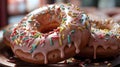 A mound of pink doughnuts frosted, sprinkled with colorful sugar, Generative AI Royalty Free Stock Photo