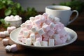 A mound of pink marshmallows on a plate, with a cup of hot coffee in a soft-focus background. comfortable mood, great