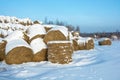 Mounds of hay, covered with snow, in a large pile.