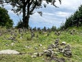 Mounds of stones set up by tourists in Beskid Maly in Poland in the area of the Czupel peak