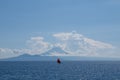 Mount Agung and jukung with ocean view in Bali, Indonesia