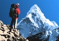 Mount Ama Dablam with hiker mountain vector illustration