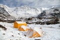 Mount Annapurna with tents from base camp, Nepal Royalty Free Stock Photo