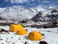 Mount Annapurna with tents from base camp, Nepal Royalty Free Stock Photo