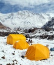 Mount Annapurna with tents from Annapurna base camp Royalty Free Stock Photo