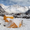 Mount Annapurna with tents from Annapurna base camp Royalty Free Stock Photo