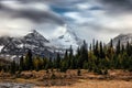 Mount Assiniboine with cloud flowing through in autumn forest at provincial park Royalty Free Stock Photo