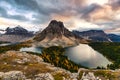 Mount Assiniboine with lake on Nublet peak in autumn forest on sunset at provincial park Royalty Free Stock Photo