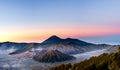 Mount Bromo volcano & x28;Gunung Bromo& x29; during sunrise from viewpoint on Mount Penanjakan, in East Java, Indonesia..