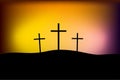 Mount Calvary Golgotha. Three crosses. Orange glow. Vector illustration. stock image. Royalty Free Stock Photo