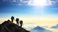 Mount with clouds and silhouette of three hikers