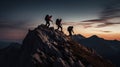 Mount with clouds and silhouette of three hikers