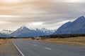 Mount Cook Road (State Highway 80) along the Tasman River leading to Aoraki / Mount Cook National Park and the village