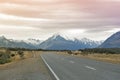 Mount Cook Road (State Highway 80) along the Tasman River leading to Aoraki / Mount Cook National Park and the village Royalty Free Stock Photo
