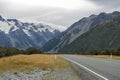 Mount Cook Road (State Highway 80) along the Tasman River leading to Aoraki / Mount Cook National Park and the village