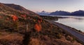 Mount cook viewpoint with the lake pukaki and the road leading to mount cook village. Taken during autumn in New Zealand Royalty Free Stock Photo
