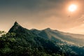 Mount Corcovado at sunset with Christ the Redeemer perched at the top as bird flies below the sun in Rio de Janeiro, Brazil