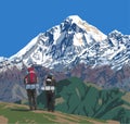 Mount Dhaulagiri peak from Jaljala pass and two hikers with big backpacks Royalty Free Stock Photo