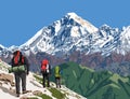 Mount Dhaulagiri peak and three hikers