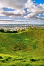 Mount Eden Maungawhau volcanic cone crater and summit above sweeping panorama of Auckland City and Waitemata Harbour. Mt Eden,