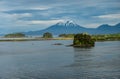 Mount Edgecumbe is snow capped above the islands in the Sitka bay