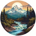 Mount Elbrus Landscape With Waterfall And Trees - Round Logo Image