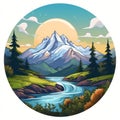 Mount Elbrus Landscape With Waterfall And Trees - Round Logo Image